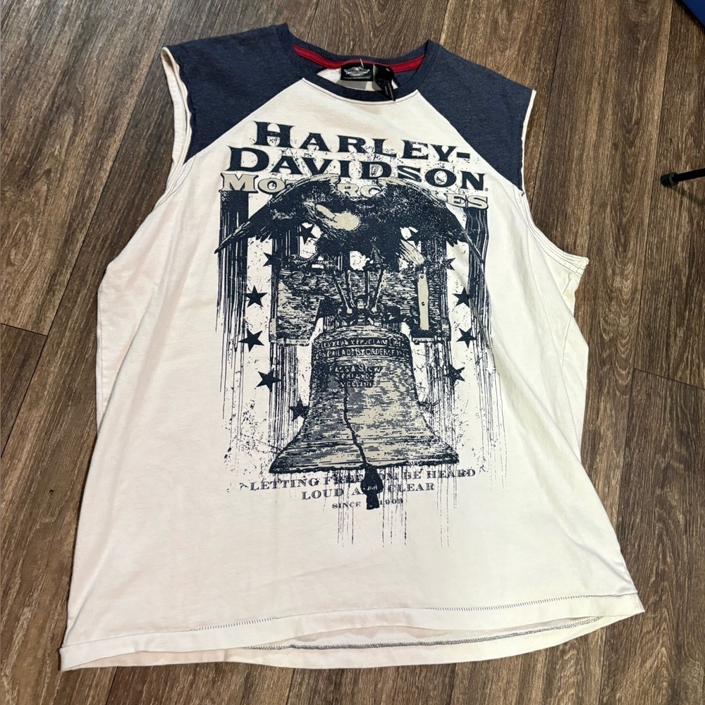 Harley Davidson Muscle Cut off Tank Top White Navy American Motorcycle VTG